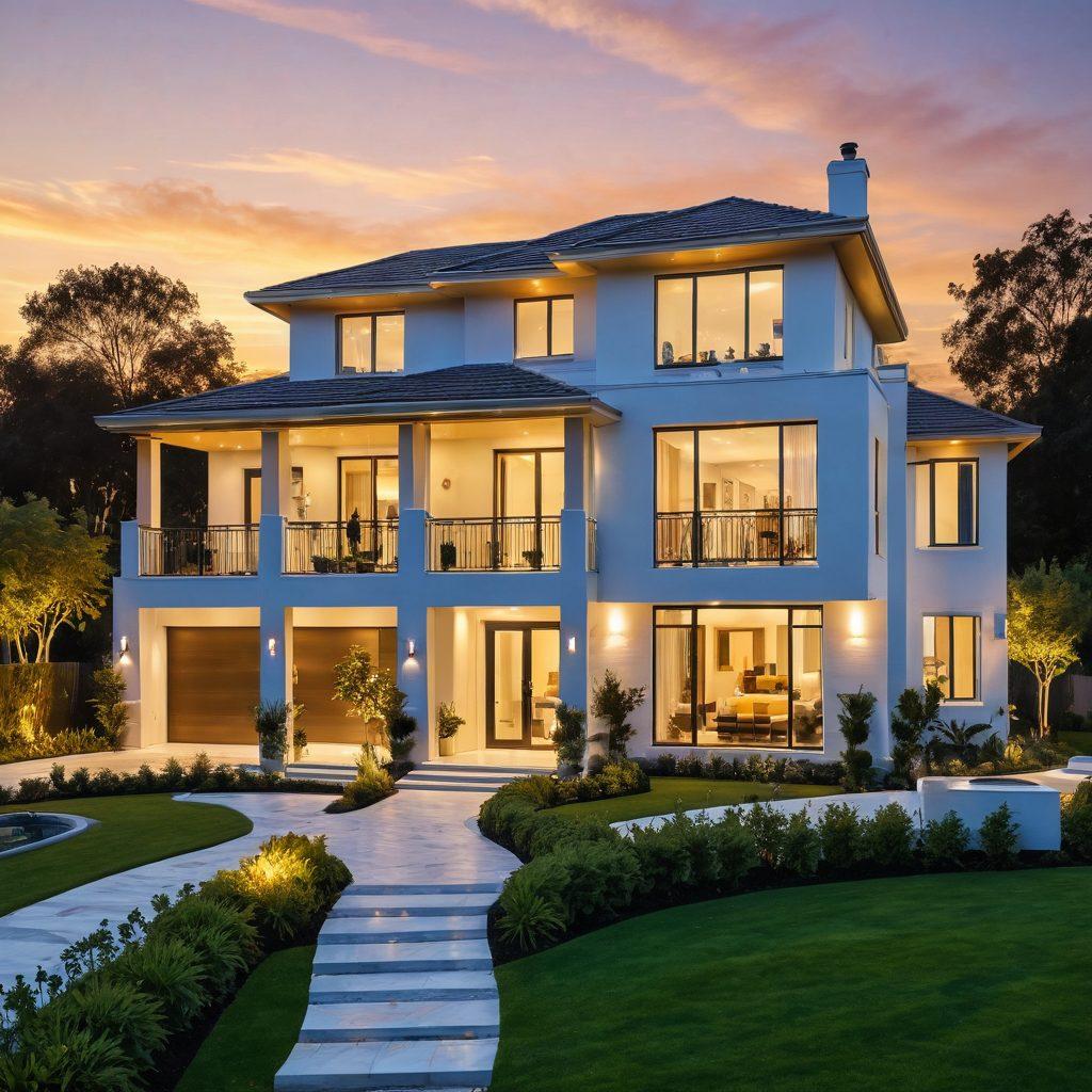 A luxurious house with a stunning modern design, surrounded by manicured gardens and a vibrant sunset in the background. Include elements like sold signs and a smiling family enjoying their new home, symbolizing success in real estate. Use elegant gold and blue colors for a sophisticated look. super-realistic. vibrant colors.