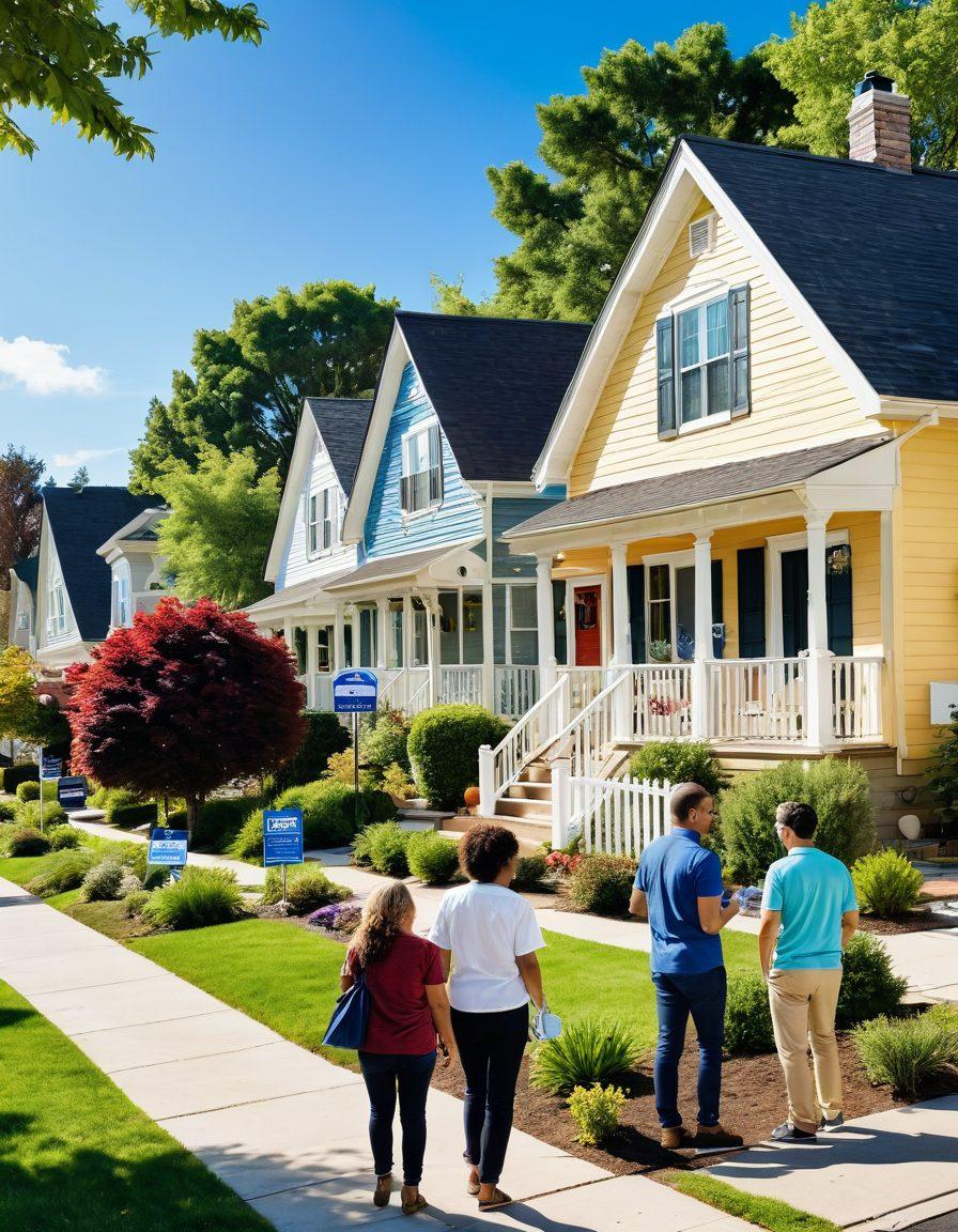 An inviting and vibrant scene of a diverse group of people exploring a charming neighborhood filled with 'For Sale' signs and cozy homes. Emphasize a mix of first-time home buyers excitedly discussing options with seasoned investors analyzing properties. Include lush greenery and a bright blue sky to convey optimism and opportunity. Add subtle elements like a map and a calculator to represent the planning aspect of real estate. vibrant colors. super-realistic.