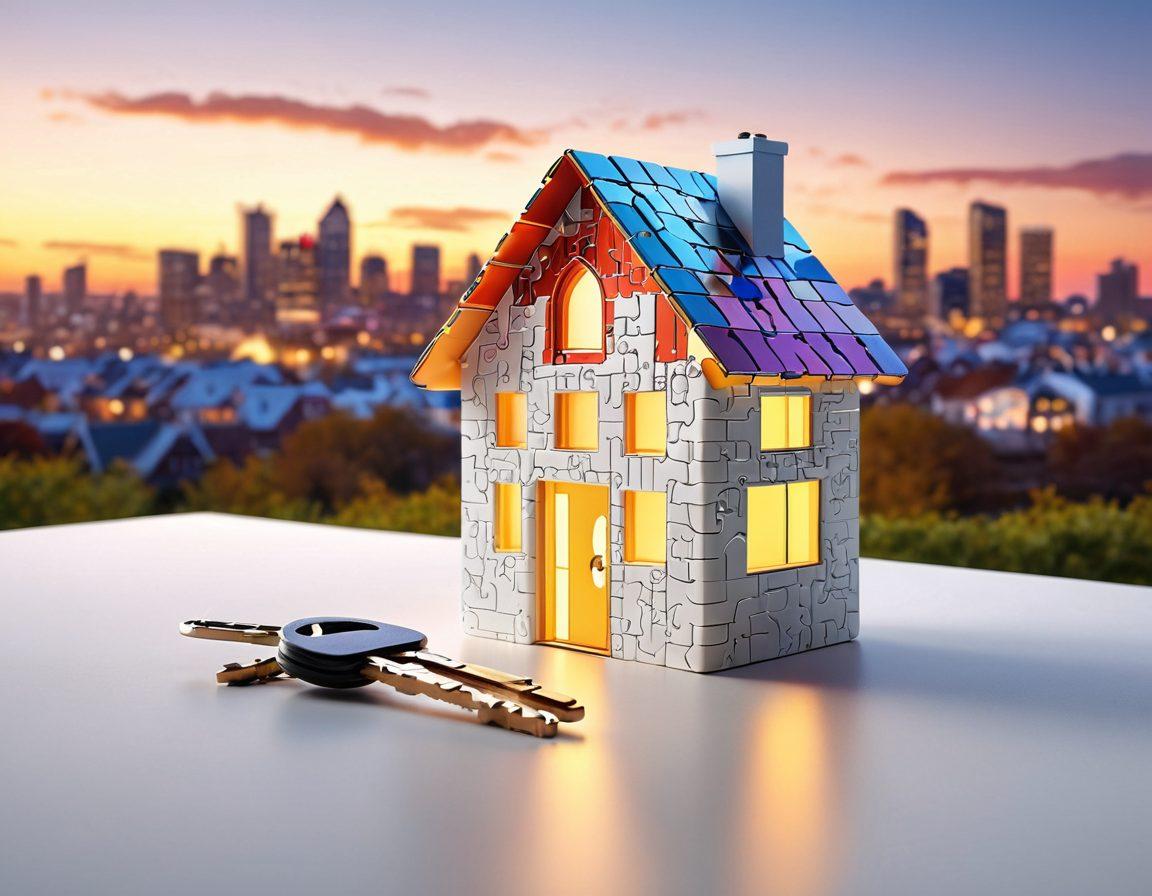An intricate key unlocking a glowing house made of vibrant, interconnected puzzle pieces, symbolizing real estate opportunities. In the background, a city skyline emerges, blending urban and countryside vibes, illustrating diverse property investments. The overall atmosphere should feel warm and inviting, representing growth and smart decision-making. super-realistic. vibrant colors. white background.